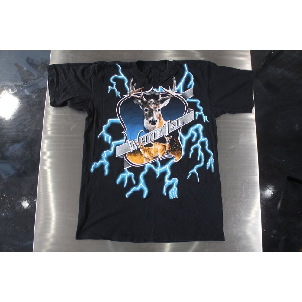 Vtg Brazos Sportswear White Tail Deer Graphic Tee Shirt Black Distressed PO12